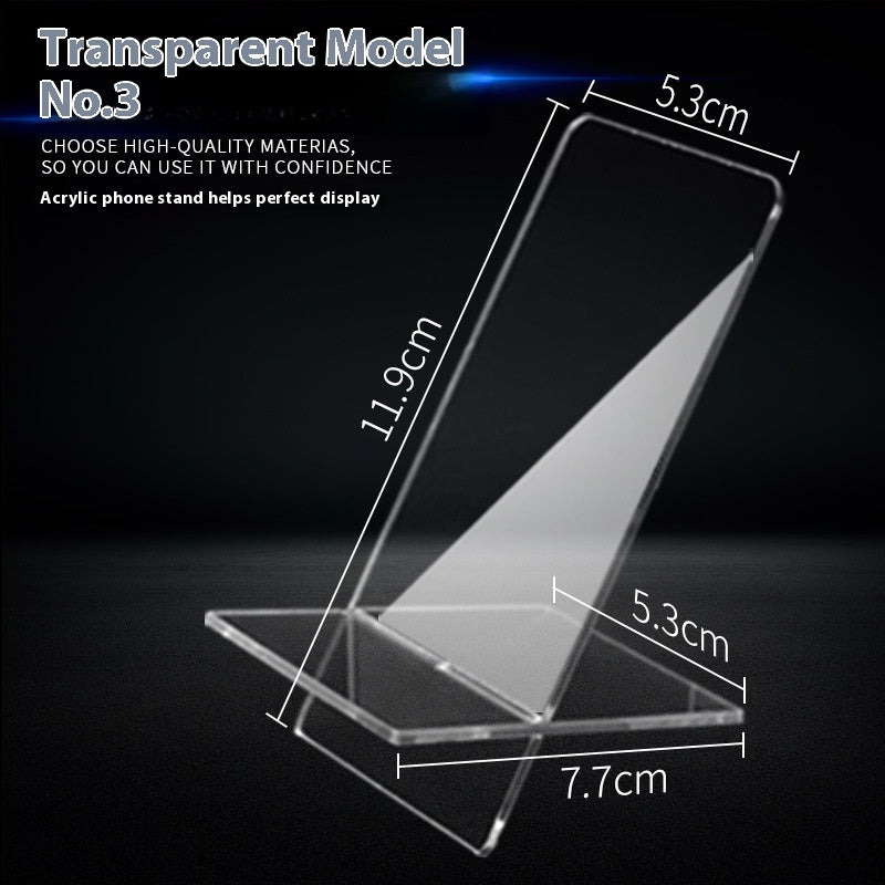 Clear acrylic phone stand with long diagonal panel and front lip base