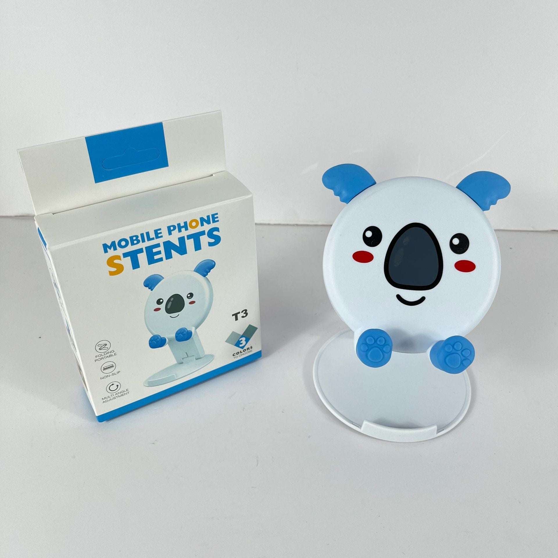 White panda cartoon phone stand with blue accents and fold-out base