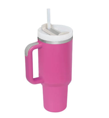 40oz insulated tumbler with handle and straw, bright pink with stainless lid