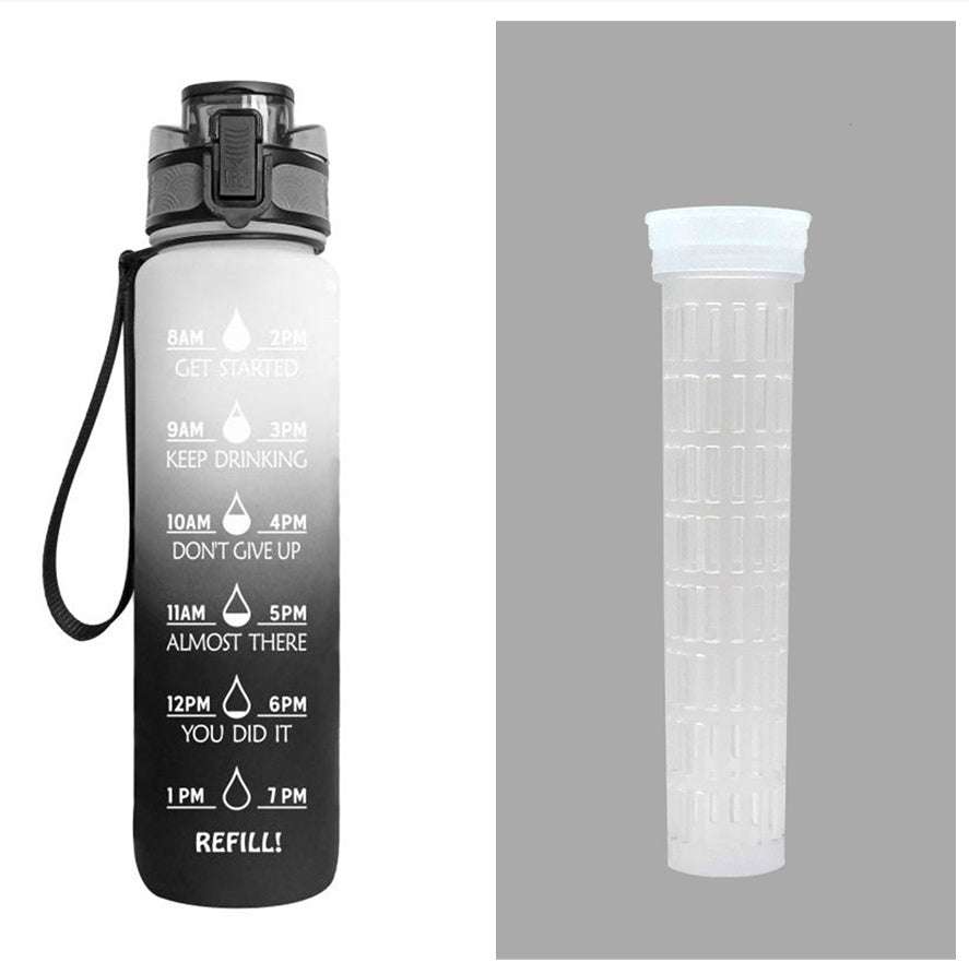 1L motivational water bottle with time marker, black bottle with lid and wrist strap
