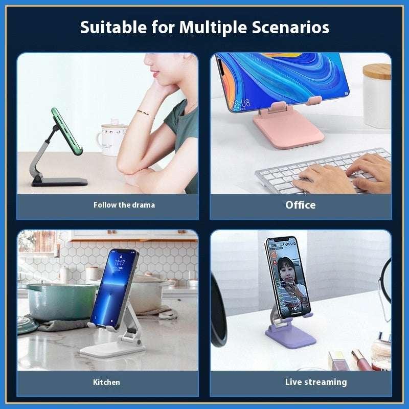 Folding mobile desktop stand with phone holder and base, portable design