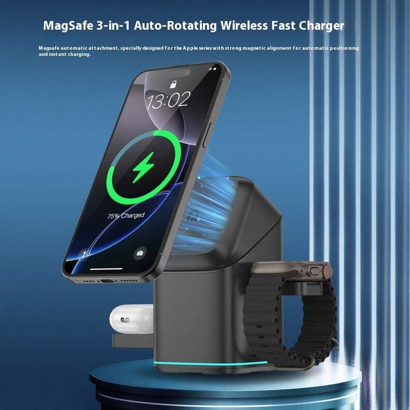 Magnetic wireless charging stand with rotating phone holder, black base and green LED ring