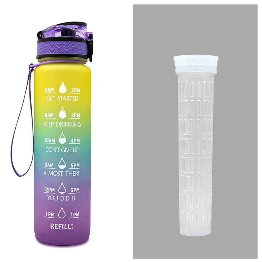 1L motivational water bottle with time markers, flip lid and wrist strap; purple-yellow gradient