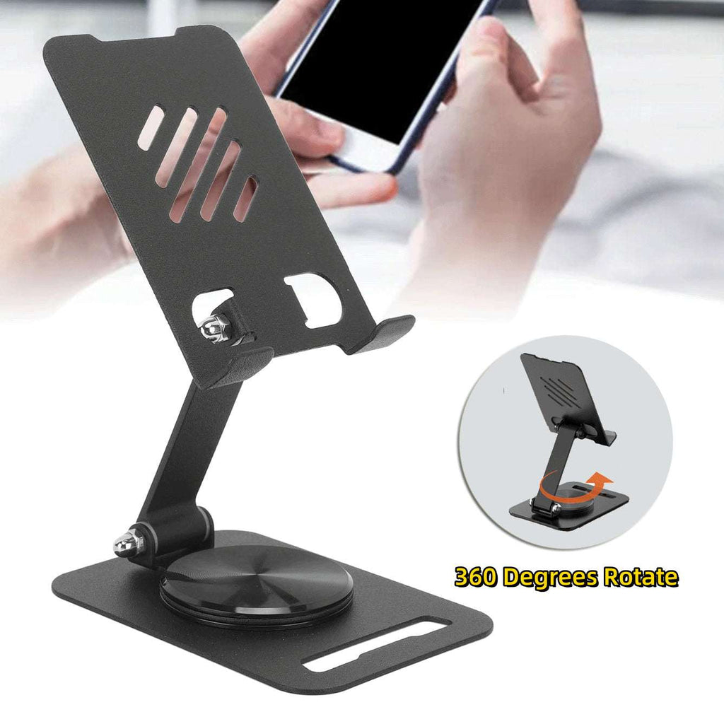 Black metal desktop phone stand with rotating base and adjustable support