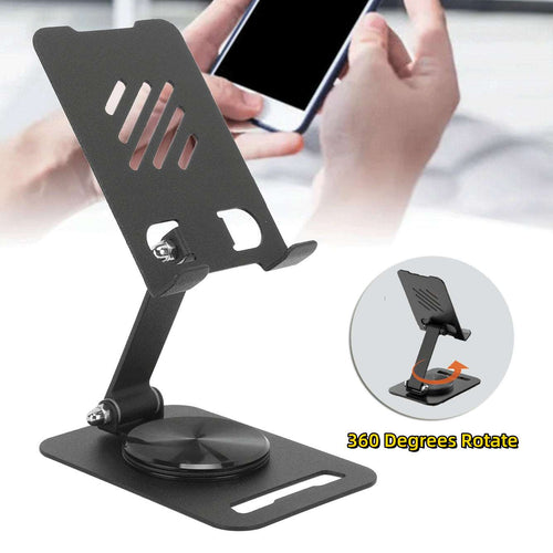 Black metal desktop phone stand with rotating base and adjustable support