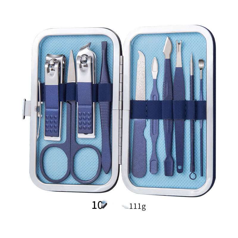 Blue nail grooming tool set case with clippers, scissors, tweezers, and nail files