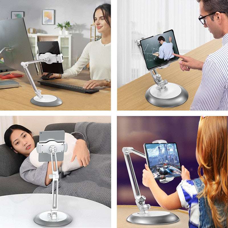 White folding desk phone stand holding a tablet, shown in several positions