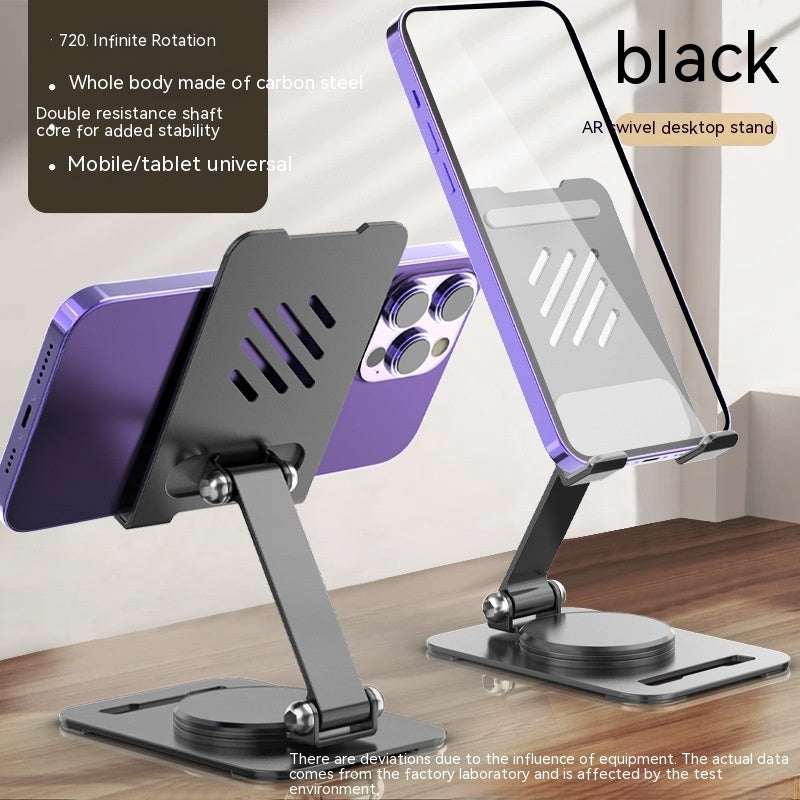 Black metal desktop phone and tablet stand with adjustable 360-degree swivel