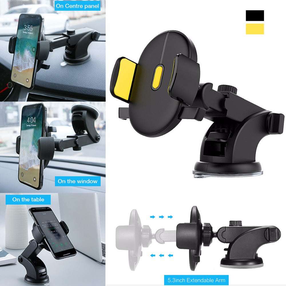 Black car phone holder mount with suction base and extendable telescopic arm