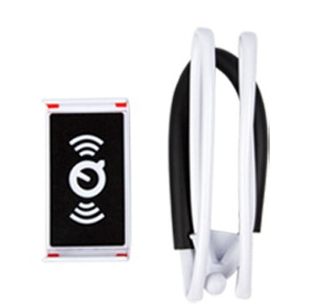 Folded white flexible phone neck stand with black clasp and wireless icon