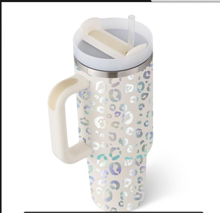 40oz insulated tumbler with handle and straw, white with colorful heart print