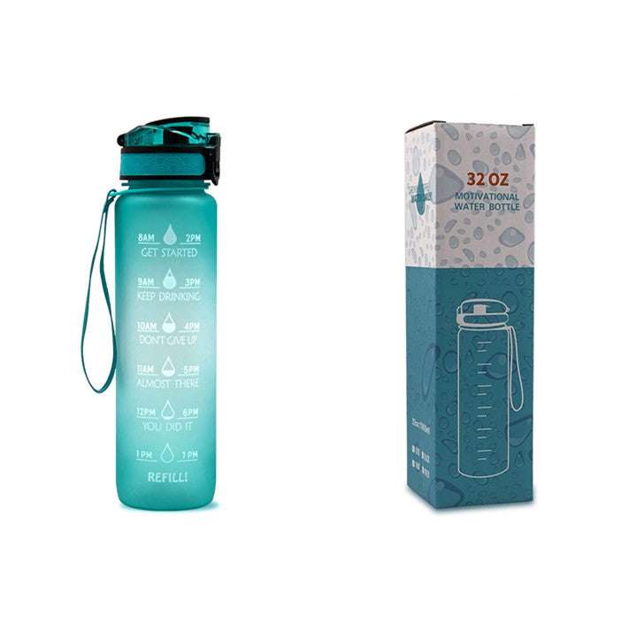 Motivational water bottle with time markers, teal body, flip lid, and carry loop