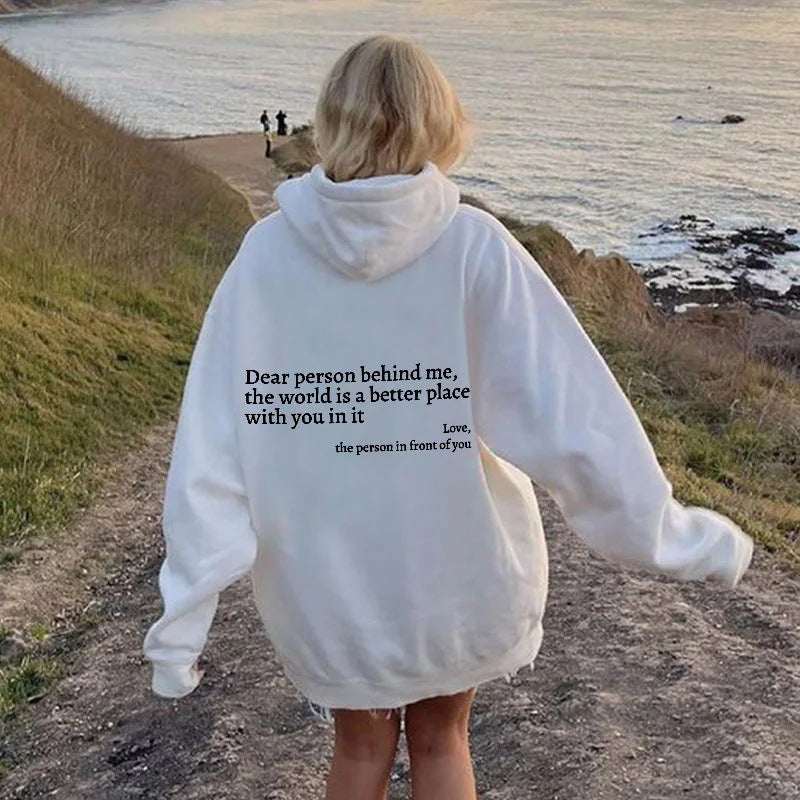 White plush hoodie, hooded with kangaroo pocket and drawstring, letter print on back