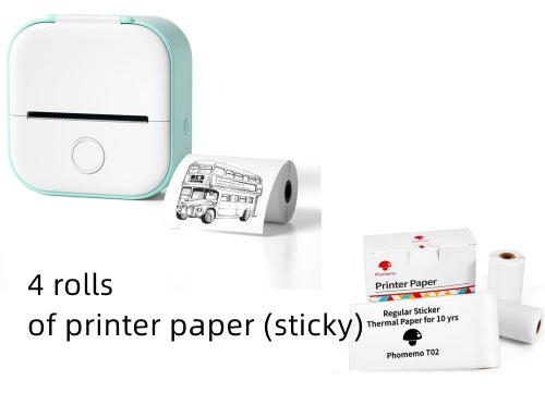 Teal-and-white mini thermal label printer with printer paper rolls and USB cable