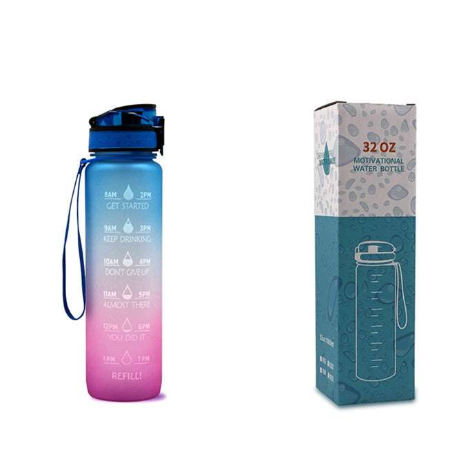 1L motivational water bottle with time marker text, blue cap, and carry strap