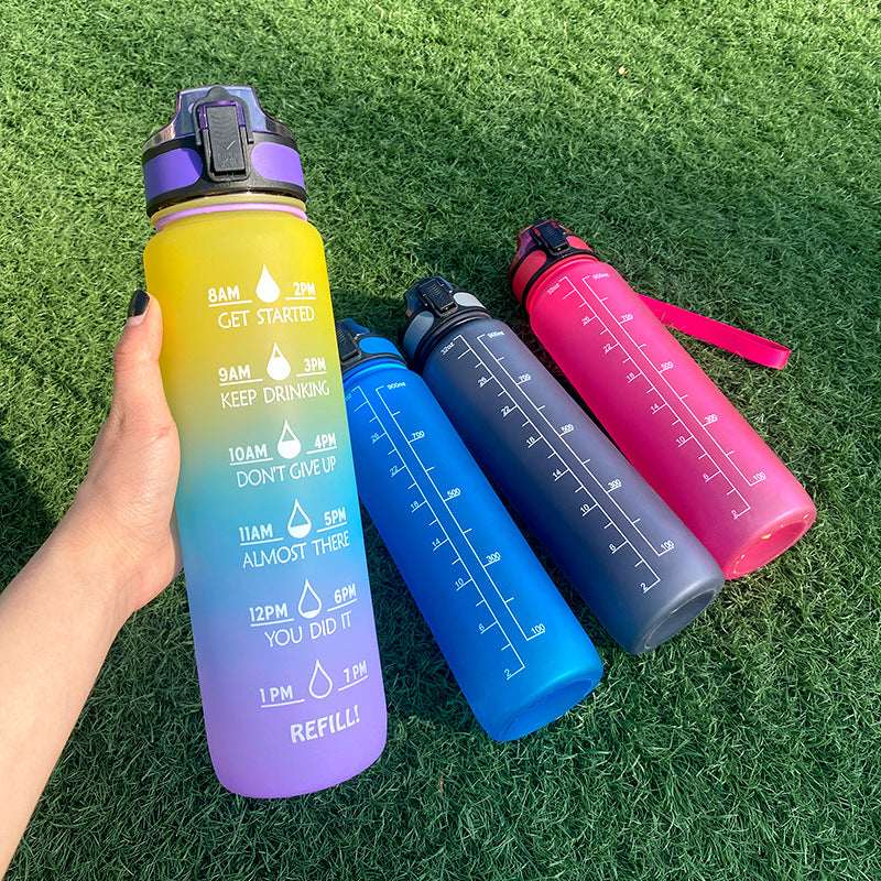 1L motivational water bottle with time marker, blue, purple, and pink colors on grass