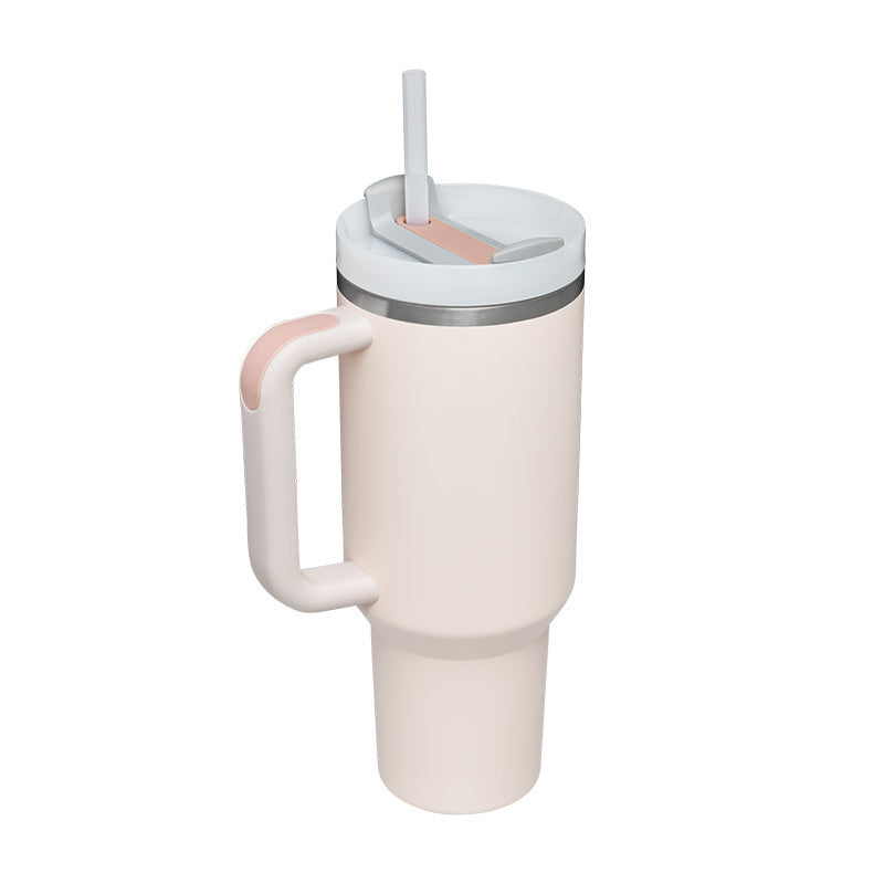 40oz insulated tumbler with handle and straw, cream with stainless lid