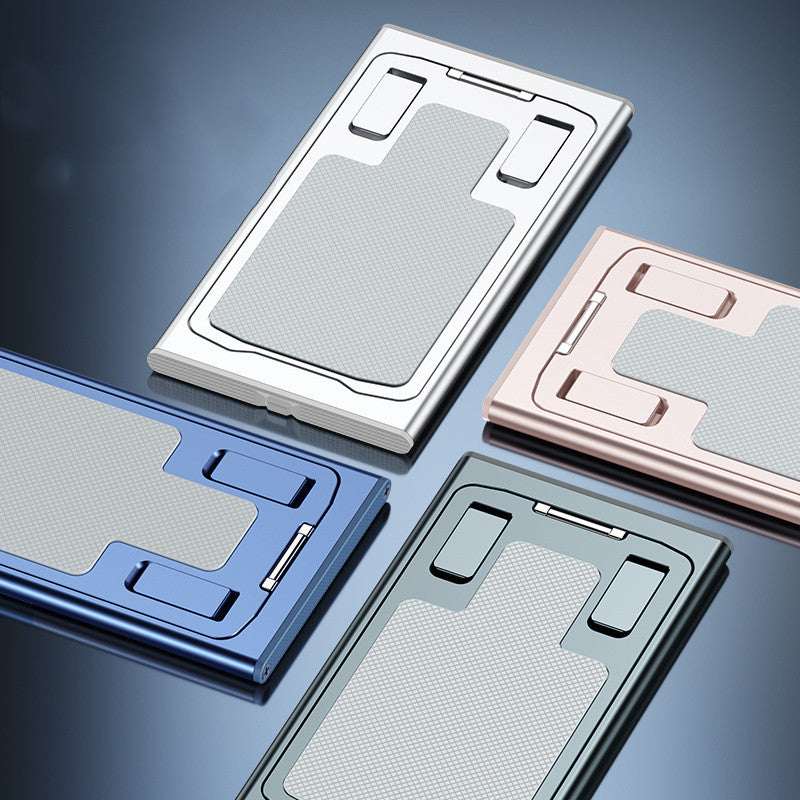 Foldable phone stand set in blue, rose gold, and grey finishes