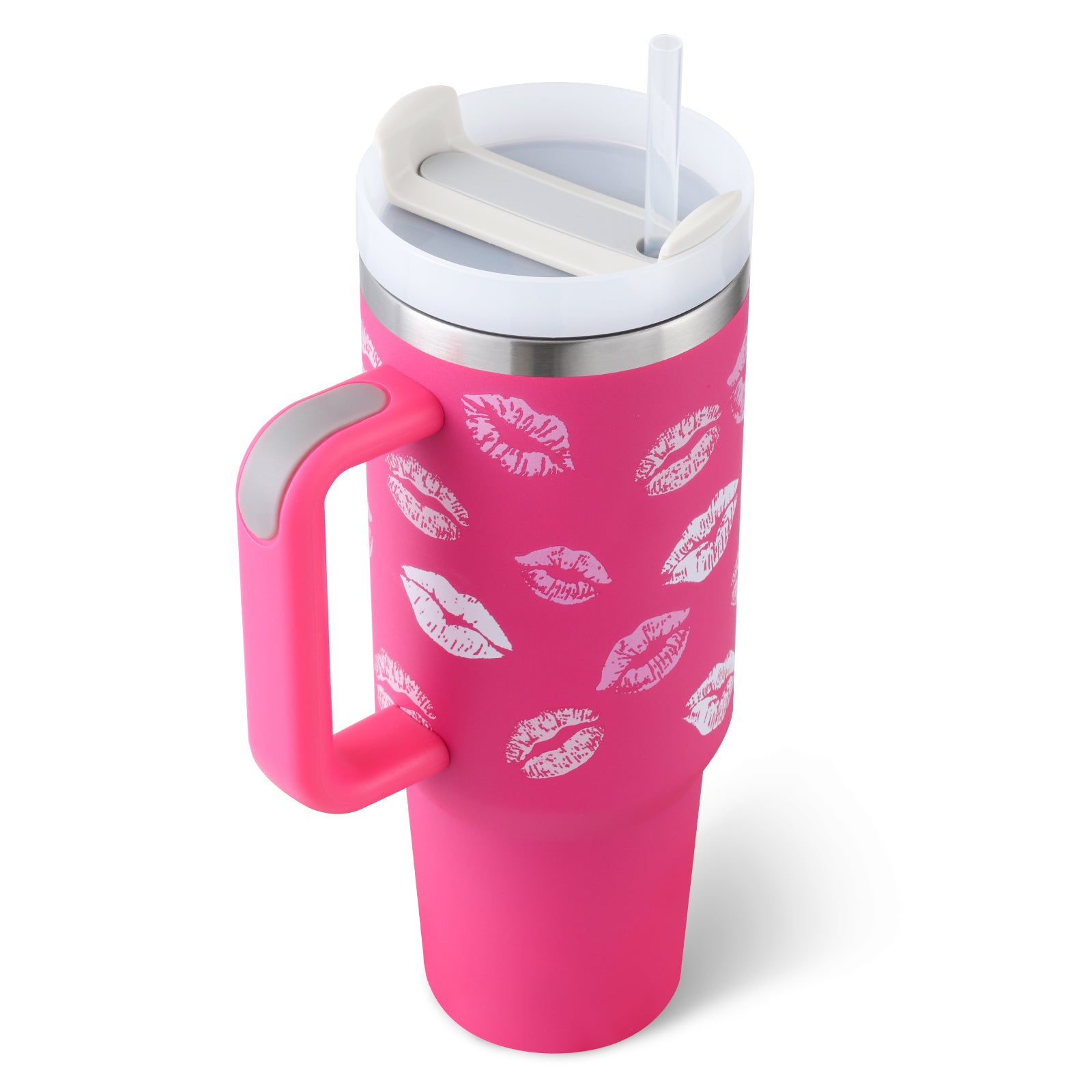 Hot pink insulated travel tumbler with handle, lid, and clear straw