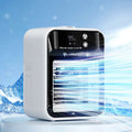 Ivory portable air cooler fan showing digital display on top, blowing cool air