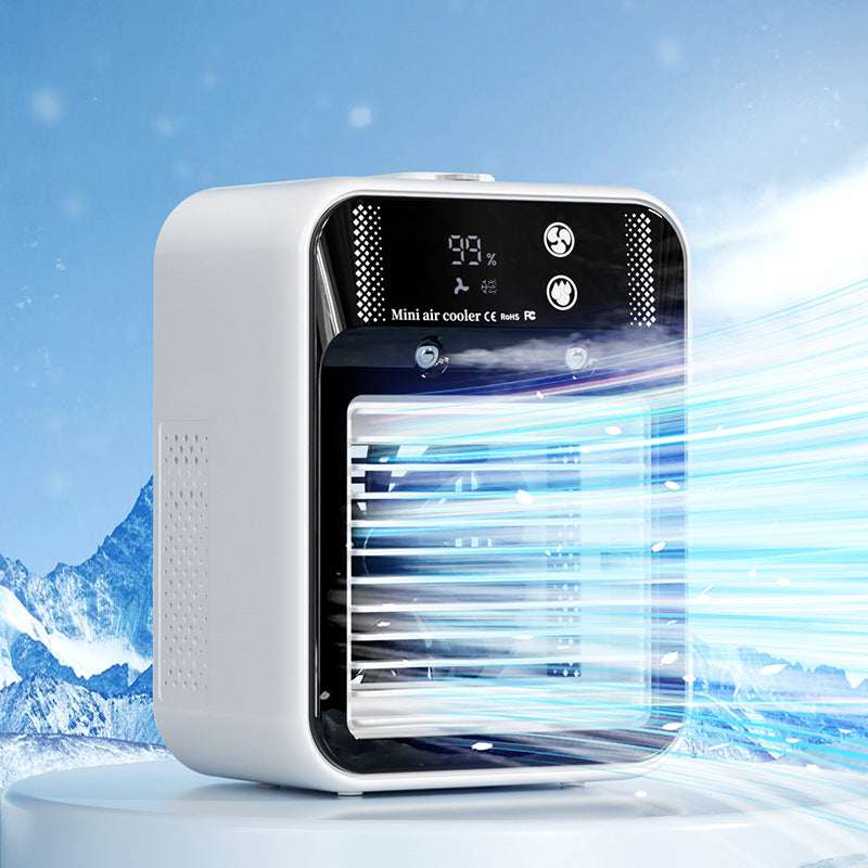 Ivory portable air cooler fan showing digital display on top, blowing cool air