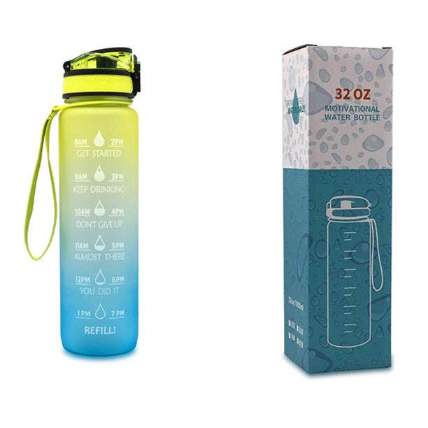1L motivational water bottle with time marker, blue-to-teal gradient bottle and box set