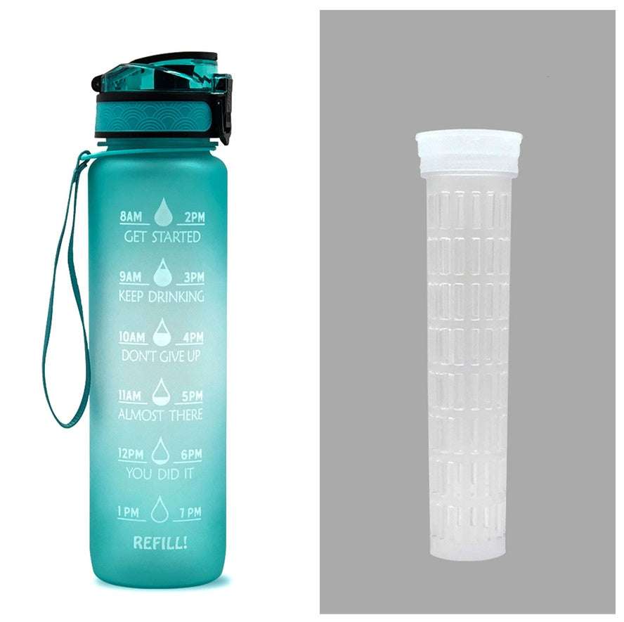 1L motivational water bottle with time marker text, teal body, blue cap and strap