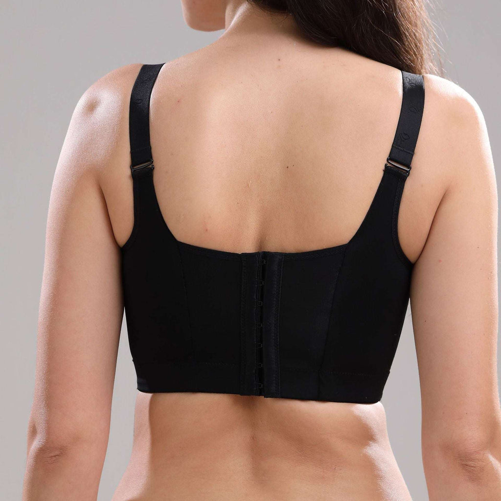 Black full-cup plus-size bra with wide back straps and central back seam
