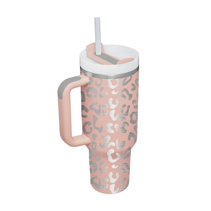 40oz insulated travel tumbler with straw and handle, pink leopard print body and handle