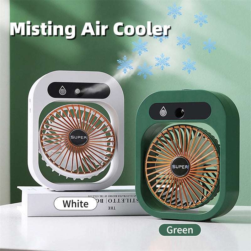 Portable misting air cooler fan, white body with front circular grille
