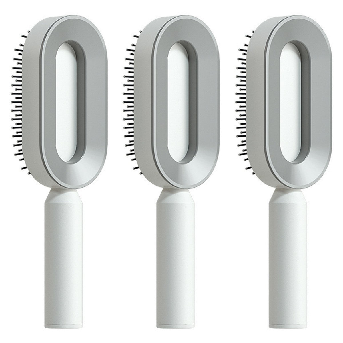 Self-cleaning hair brush set with three gray oval cleaning heads and white handles.