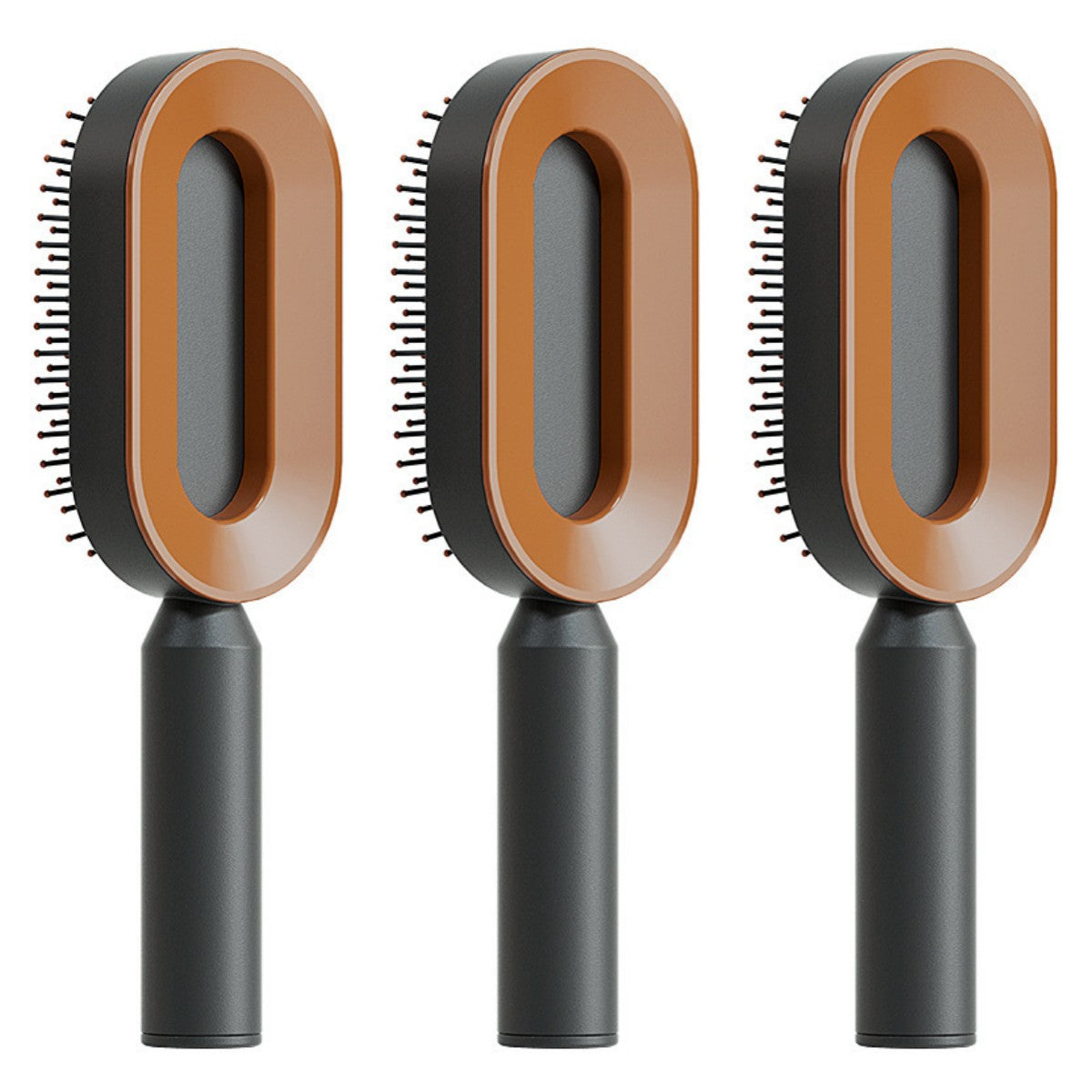 Self-cleaning hair brush set with three amber oval cleaning heads and dark gray handles.