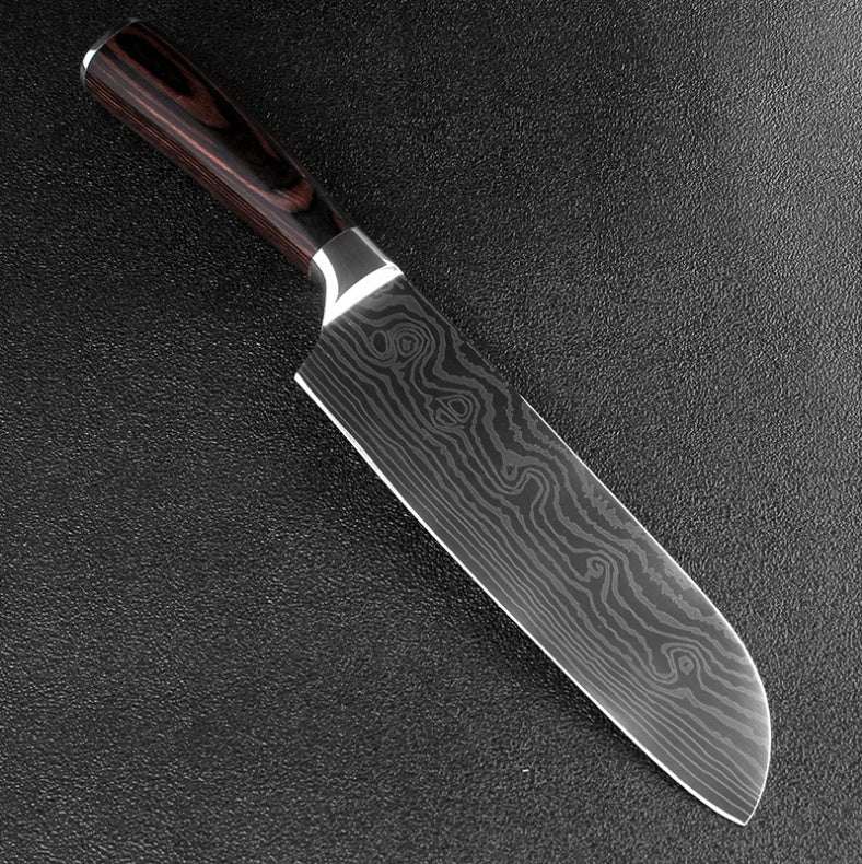 Chef knife with damascus patterned blade and dark wood handle