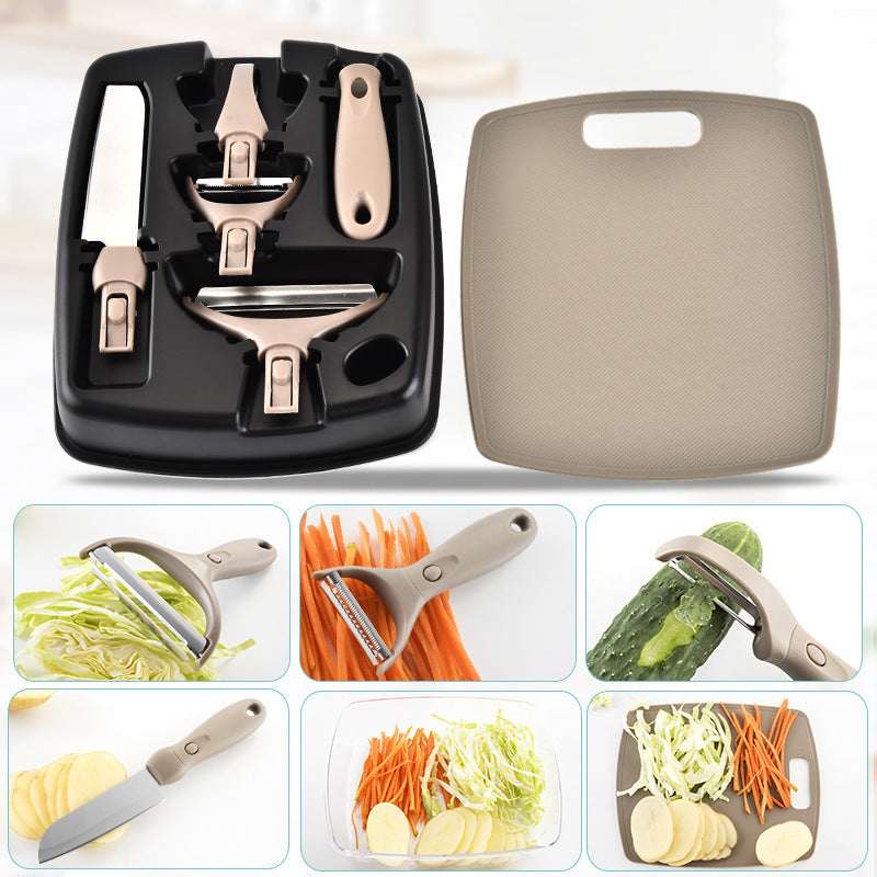 Three-piece kitchen cutter set with peeler and stainless cutters, wheat-straw board, beige