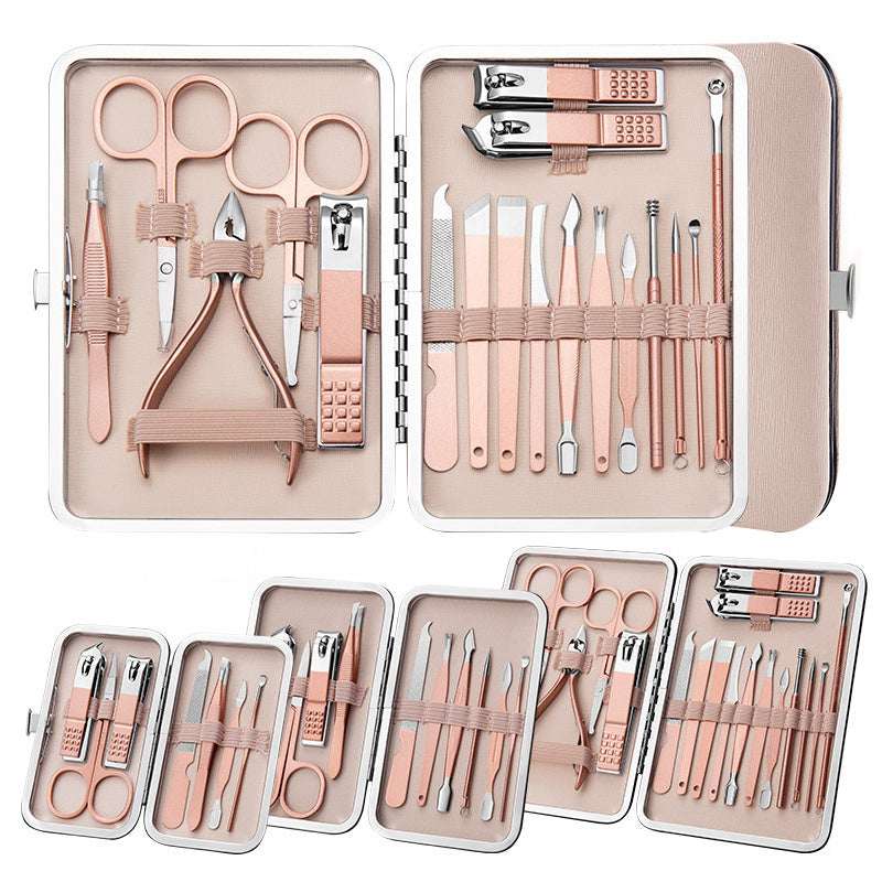 Pink nail grooming tool set case with scissors, clippers, tweezers, and files