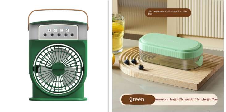 Portable air cooler fan, green body with front grille and top control panel