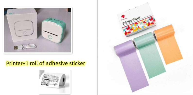 White mini thermal label printer with teal and orange roll paper and label strip