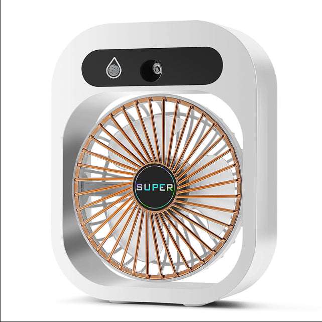White portable misting desk fan with front grille and mist control buttons