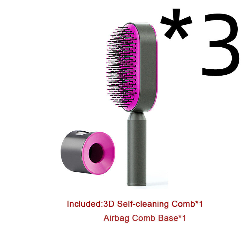 Self-cleaning hair brush with purple bristles, gray handle, and matching base