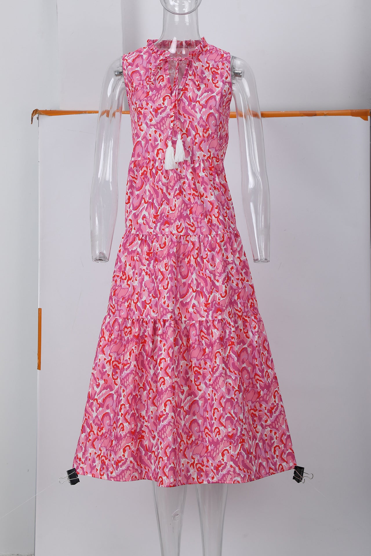 Sleeveless V-neck tassel abstract-print dress, bright pink and red tiered skirt