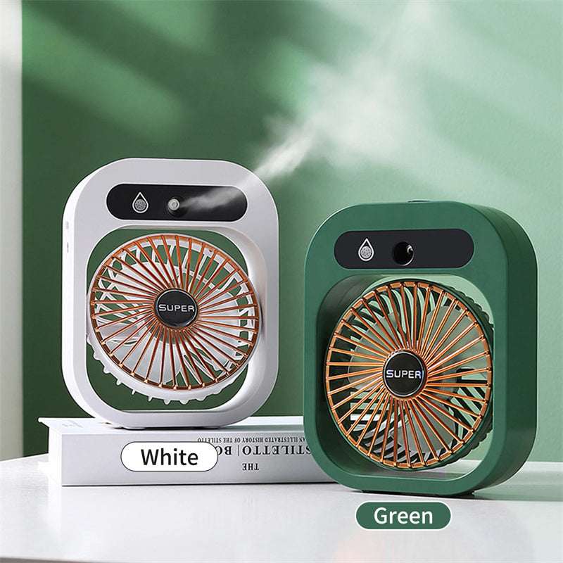 Portable misting air cooler fan, white and green bodies with front circular grilles