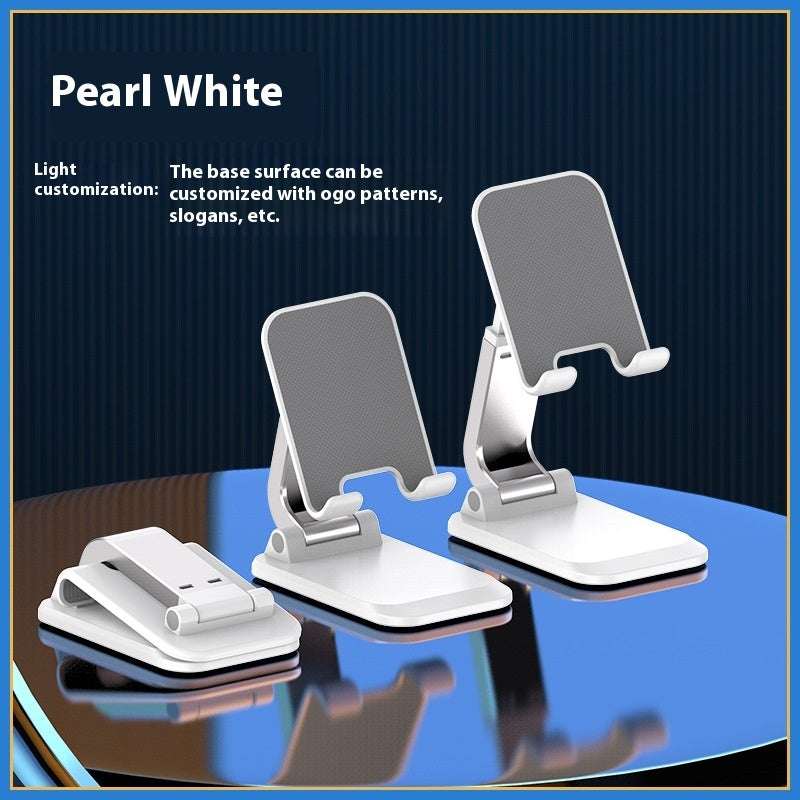 Pearl white folding mobile desktop stand with two phone cradles and adjustable base