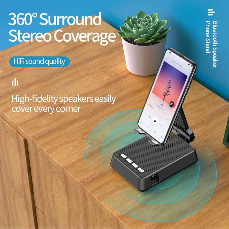 Black phone stand with wireless Bluetooth speaker base and desk-ready cradle
