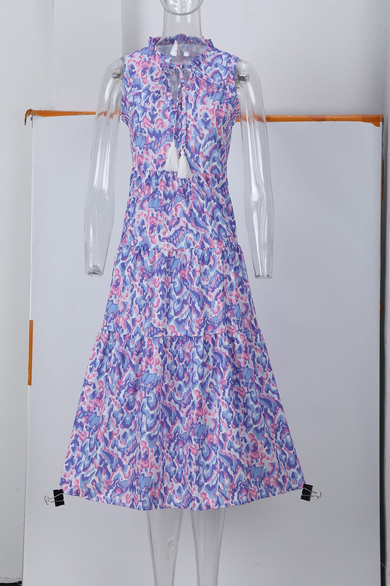Sleeveless V-neck tassel abstract-print dress, light blue and pink tiered midi skirt