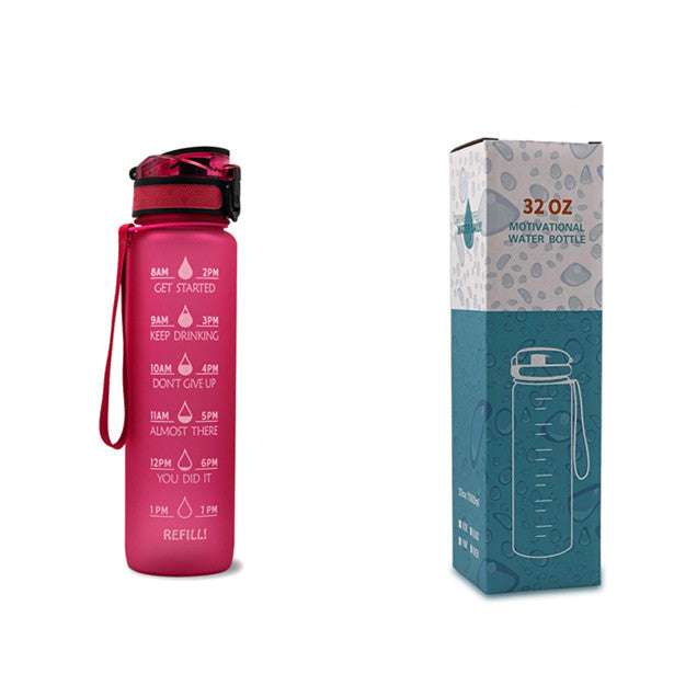 1L motivational water bottle with time marker, pink bottle with matching retail box