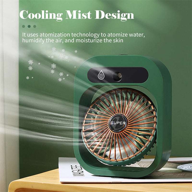 Portable misting air cooler fan, green body with mist cloud effect near grille