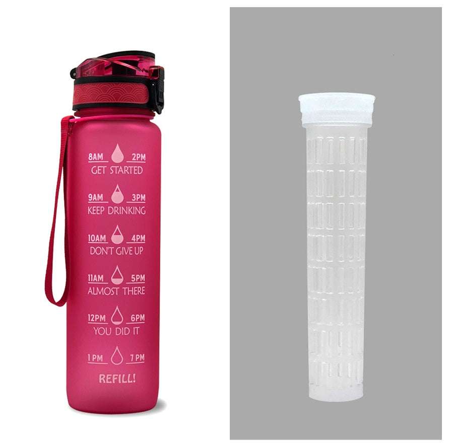 1L motivational water bottle with time marker, pink with lid and wrist strap