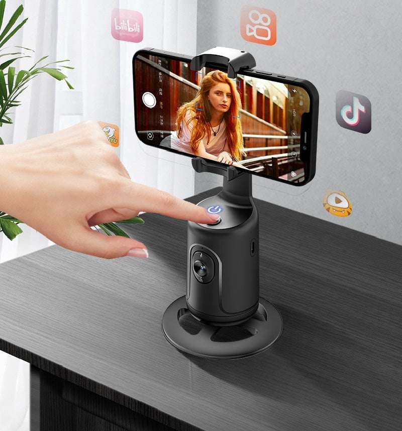 AI auto face tracking gimbal, black base with phone mounted