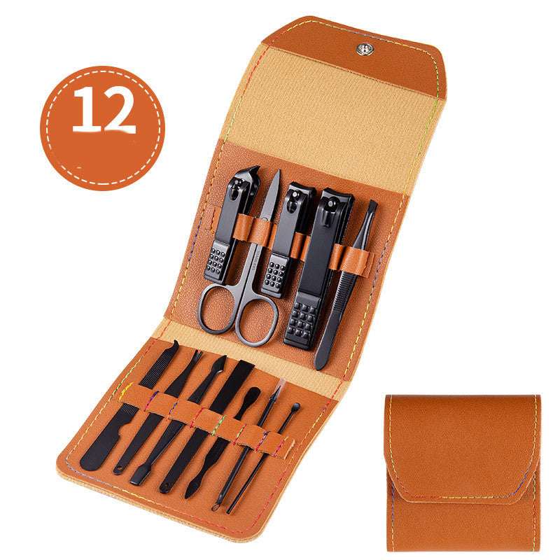 Nail care tool set in tan leather-style case with black clippers, scissors, and tools