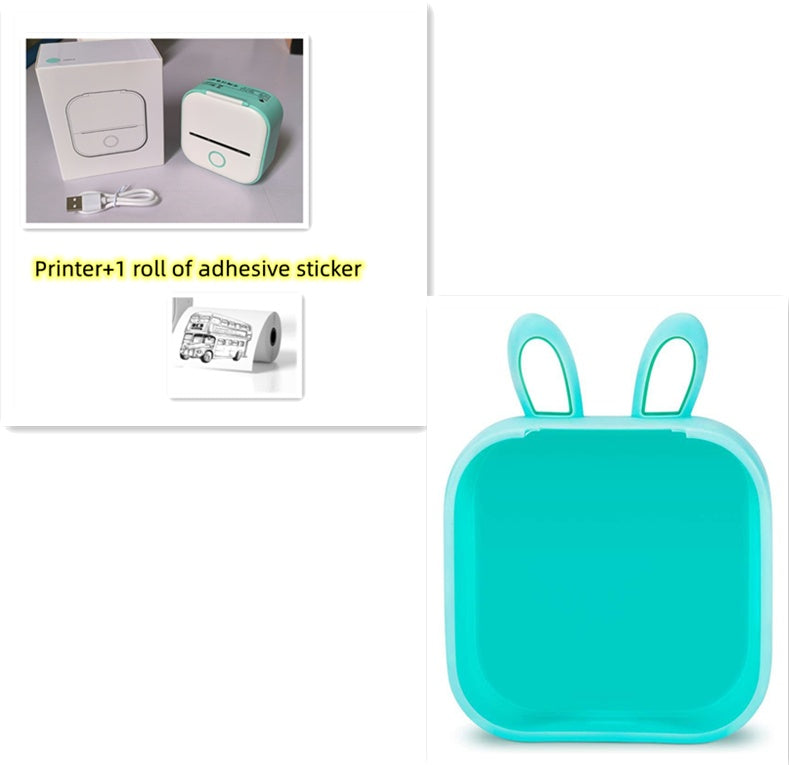Teal mini thermal label printer and white accessory box with printer paper rolls